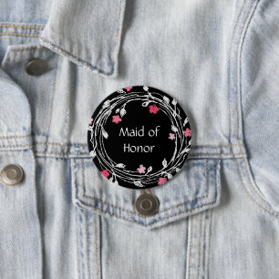 Brautjungfer Schwarz Weiß Rosa Floraler Kranz Button
