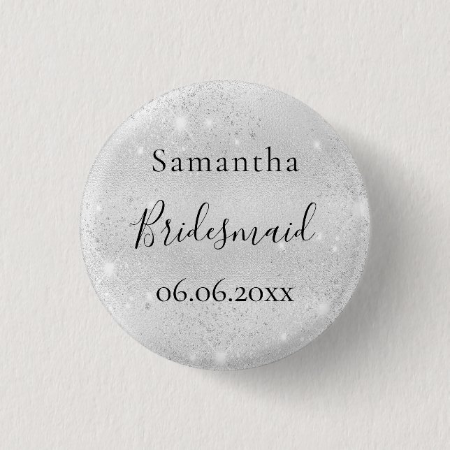 Brautjungfer silberner Glanz eleganter Name Button (Vorderseite)
