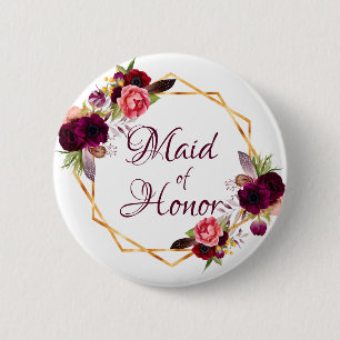 Brautjungfer Wasserfarben Blumen Burgunder Gold Button