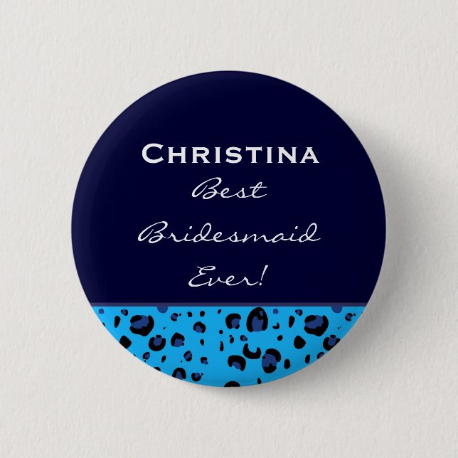 Brautjungfern-blauer Leopard-individueller Name Button (Vorderseite)