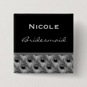 Brautjungfern-Silber und schwarze Pfau-Hochzeit Button
