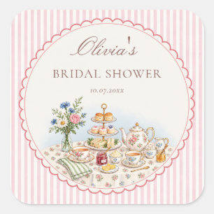 Brautjungfernaabend mit Pink Stripe Tea Party Quadratischer Aufkleber