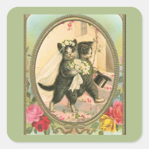 Brautkatze und Bräutigam am Hochzeitstag Quadratischer Aufkleber
