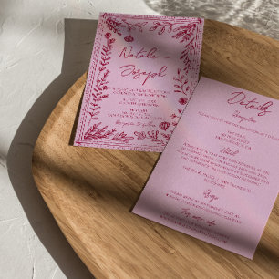 Brautkleid mit rosa Himbeermuster und floralen Ele Einladung