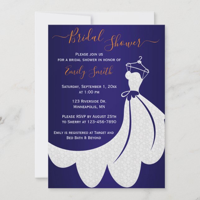 Brautkleid | Navy Blue und Orange Brautparty Einladung (Vorderseite)