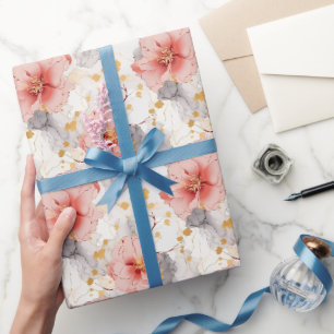 Brautkoralle Graue Blumige Hochzeit Geschenkpapier