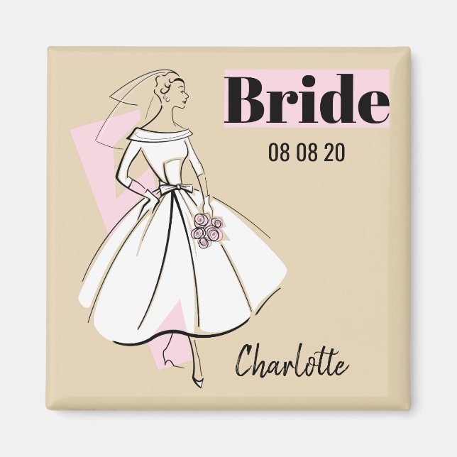 Brautmode Rosa Braut Datum Name beige Quadrat Magnet (Vorne)