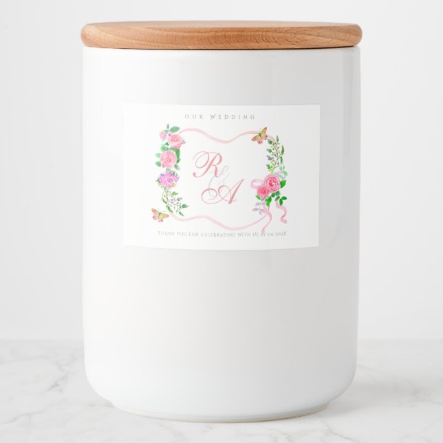 Brautmonogramm mit rosa Band  Lebensmitteletikett (Vorderseite)