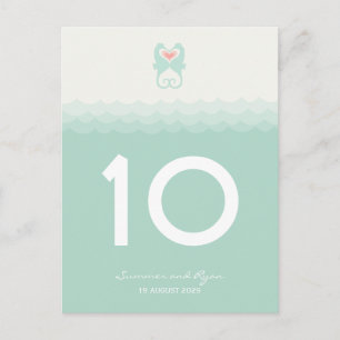 Brautpaar-Seepferdchen-Strandhochzeit-Tischnummer Postkarte