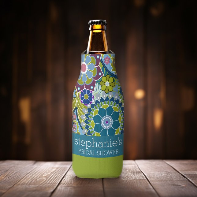 Brautparty Aquamarin und grüne Retro-Blume Flaschenkühler (Funky retro floral pattern - personalized bottle cooler)