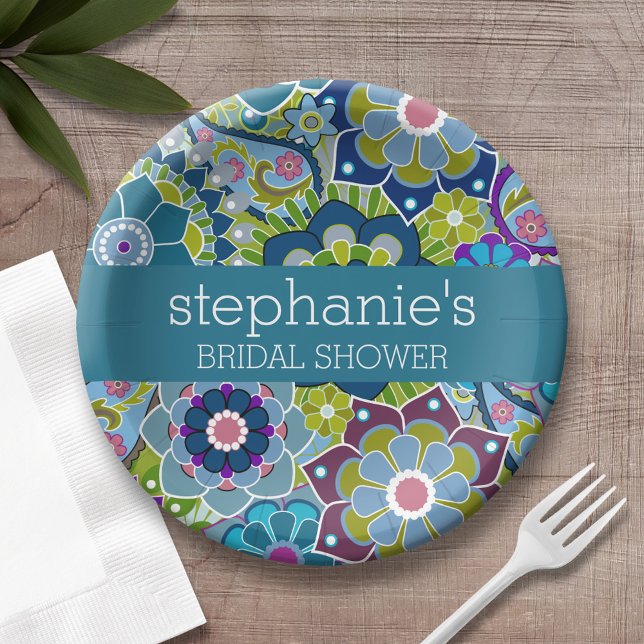 Brautparty Aquamarin und grüne Retro-Blume Pappteller (Custom bridal shower plates)