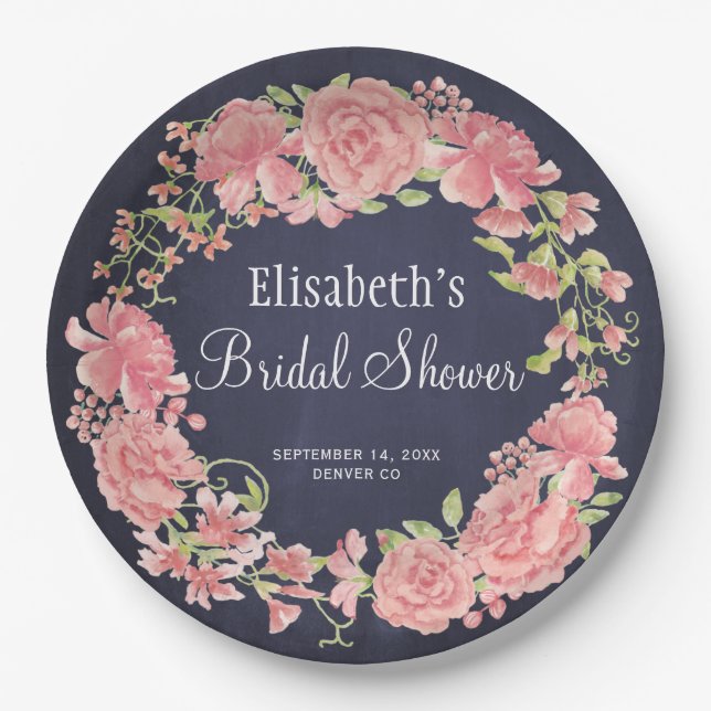 Brautparty Aquarell Rosa Blumenmarinade Pappteller (Vorderseite)