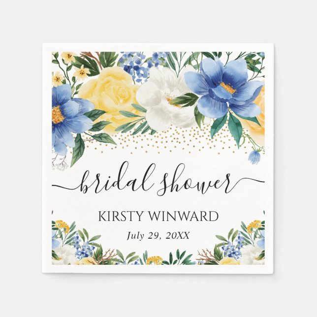 Brautparty Aquarellblau und Gelb Blumen Serviette (Vorderseite)