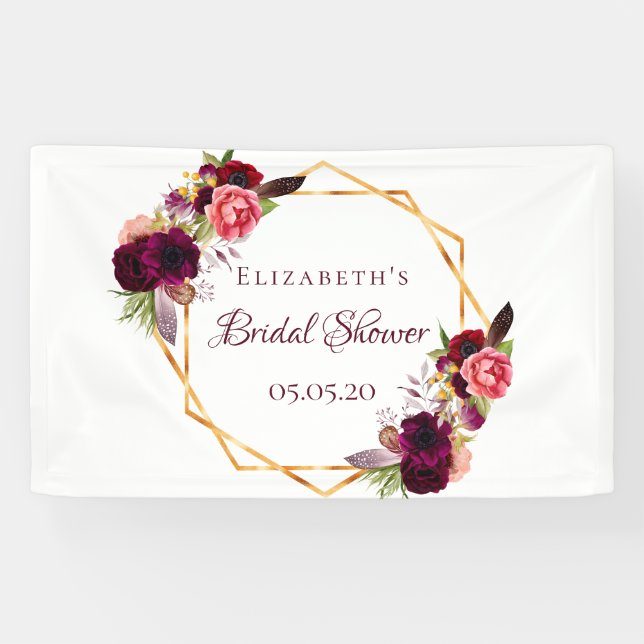 Brautparty Aquarellblumen Bordeaux Gold Banner (Horizontal)