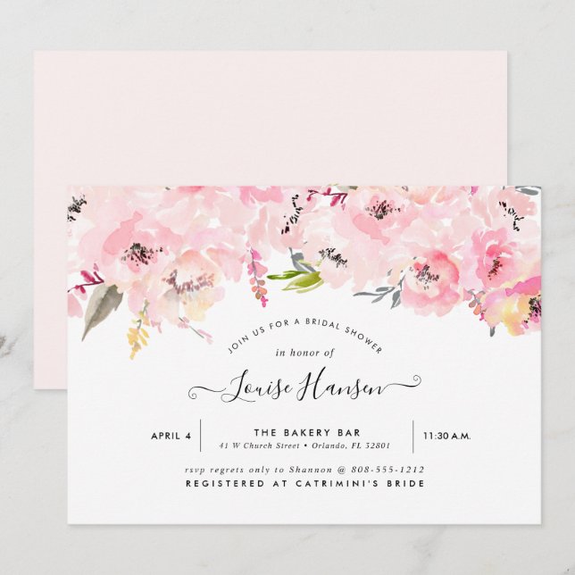 Brautparty, Aquarellfarben, Blass Pink Einladung (Vorne/Hinten)