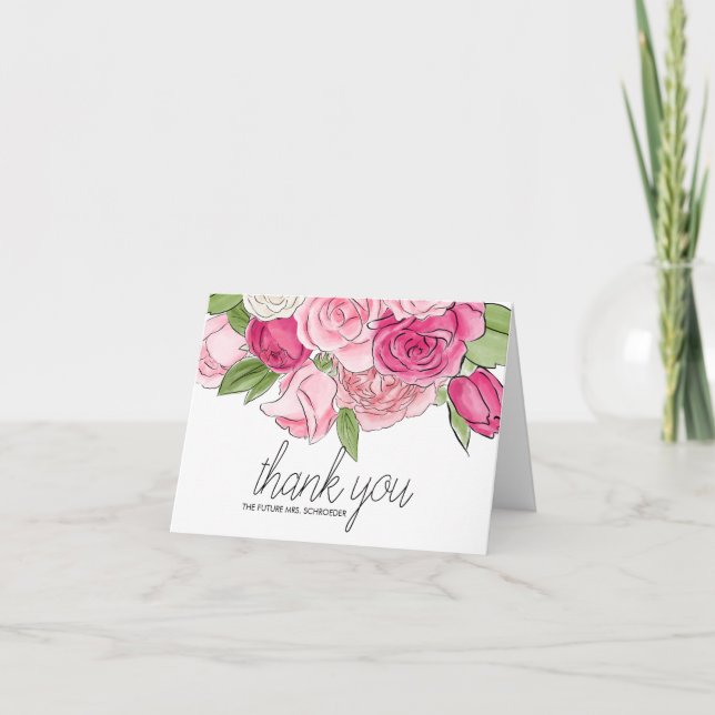 Brautparty Aquarellpinken Rosen Danke Karte (Vorderseite)