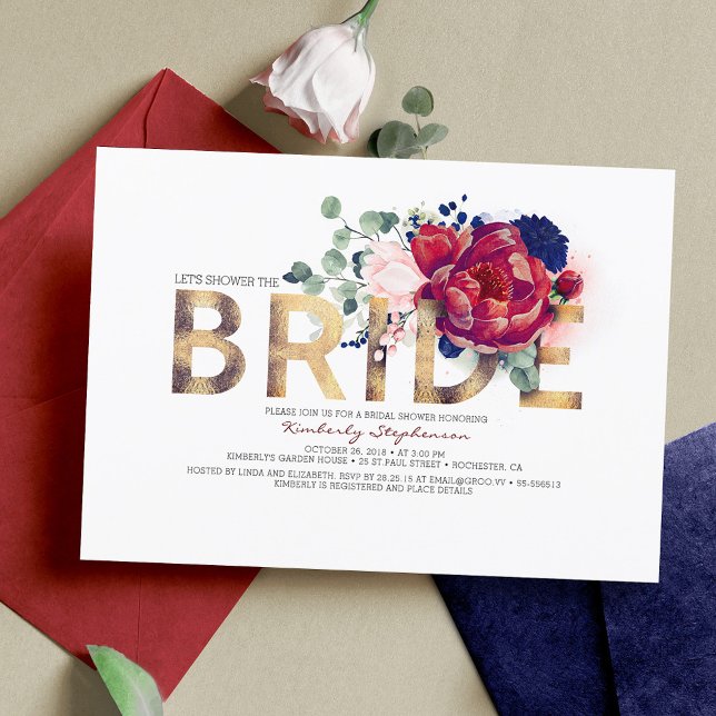Brautparty aus Burgund Rot und Navy Blue Floral Einladung (Von Creator hochgeladen)