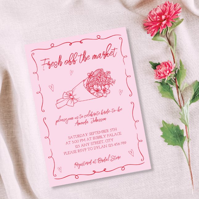 Brautparty aus dem Markt - Rosa und Rote Hand Einladung (Off The Market Pink & Red Hand Drawn Bridal Shower Invitation)