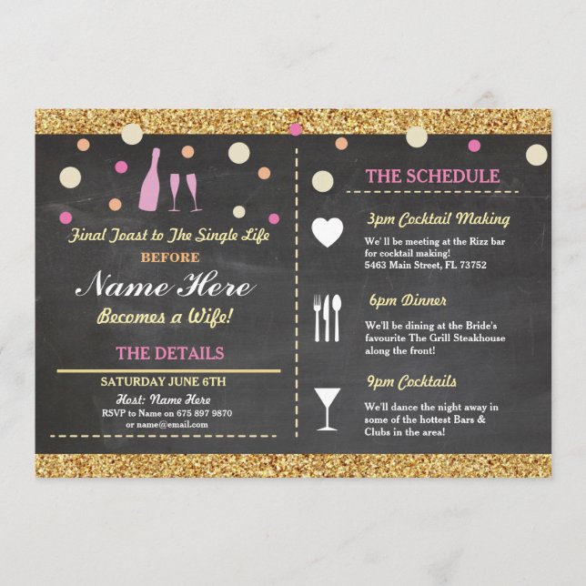 Brautparty Bachelorette Glitzer Itinerary Rosa Programm (Vorderseite)