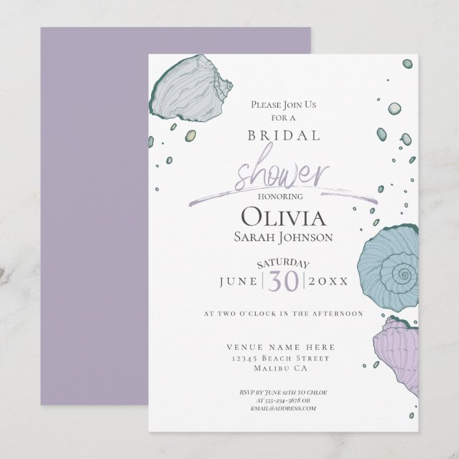 Brautparty | Beach Seashells Lilac Dusty Blue Einladung (Vorne/Hinten)