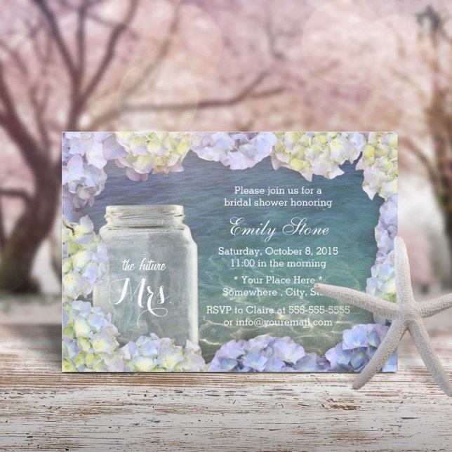 Brautparty Beach Wedding Mason Jar & Hydrangea Einladung (Von Creator hochgeladen)