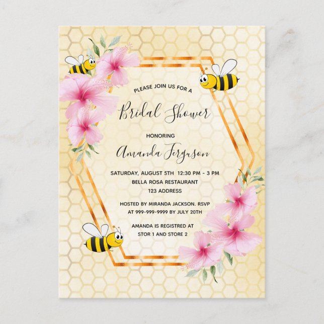Brautparty Bienen Rosa Blüteneinladung Postkarte (Vorderseite)