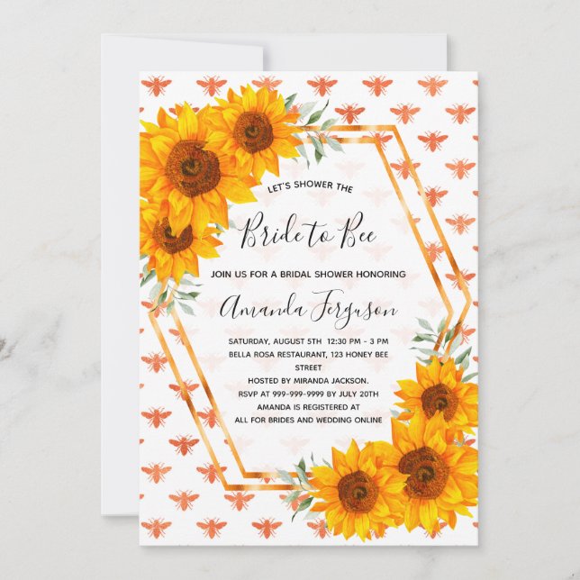 Brautparty Bienen Sonnenblumen Rose Gold weiß Einladung (Vorderseite)