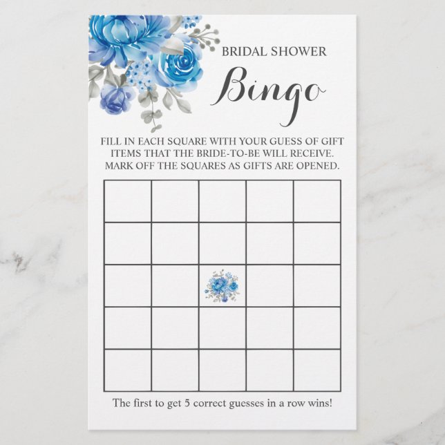 Brautparty Bingo Blue Blume Game Card Flyer (Vorne)