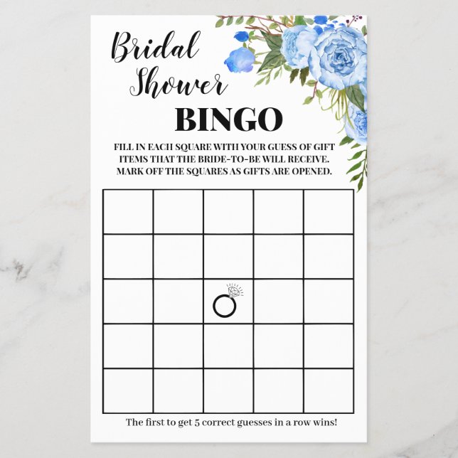 Brautparty Bingo Blue Flowers Game Card Flyer (Vorne)