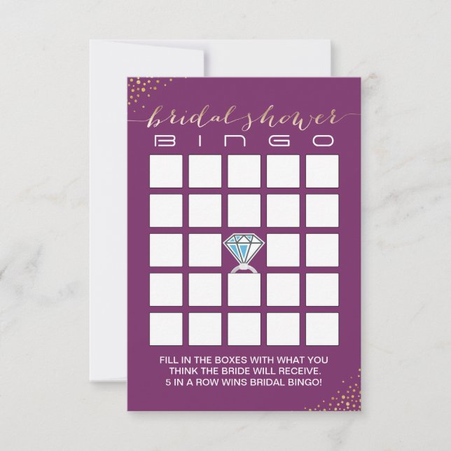 Brautparty Bingo Cards | Gold Confetti Lila (Vorderseite)