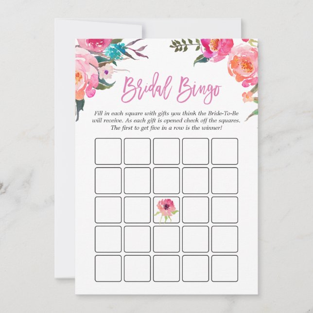 Brautparty Bingo Game | Aquarellfarbe Rosa Blütenf (Vorderseite)
