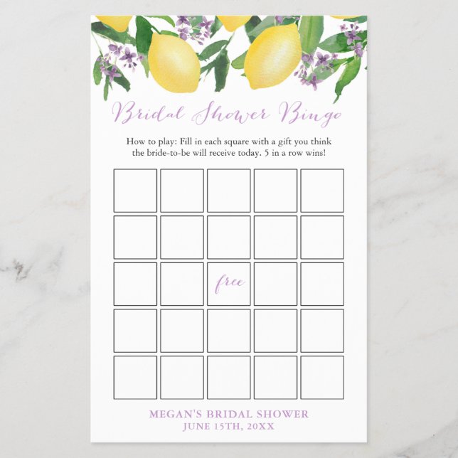Brautparty Bingo Game Card mit Lemons Lavendel Flyer (Vorne)