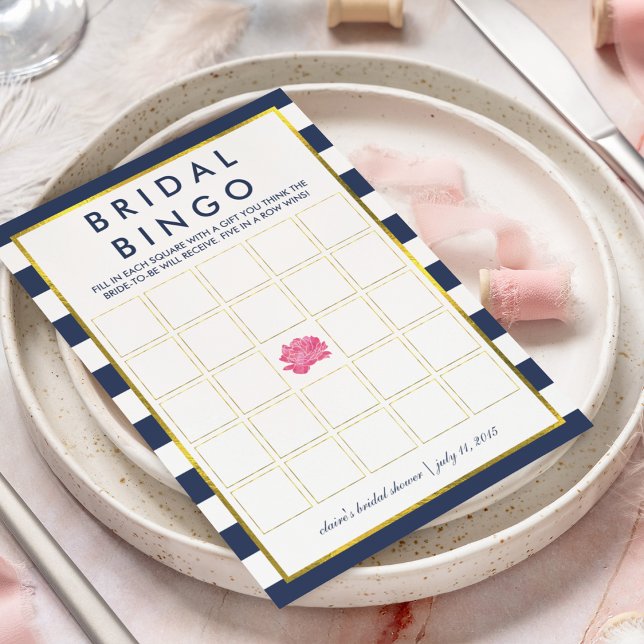 Brautparty Bingo Game Card | Navy Strip Peony (Von Creator hochgeladen)
