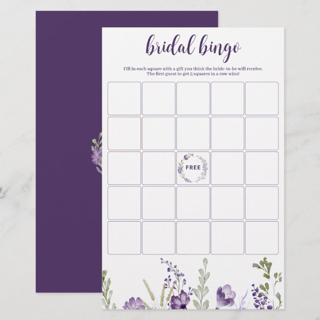 Brautparty Bingo Game Lila Lavendel Floral (Vorne/Hinten)