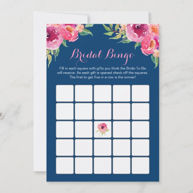 Brautparty Bingo Game Pink Floral Navy Blau (Vorderseite)