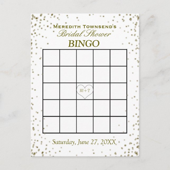 Brautparty Bingo | Gold Confetti Einladungspostkarte (Vorderseite)