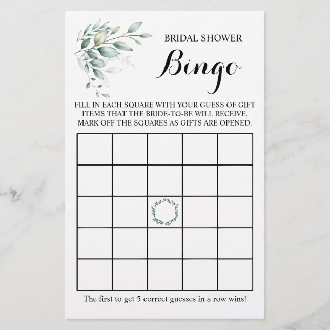 Brautparty Bingo Greenery Eukalyptus Game Card Flyer (Vorne)