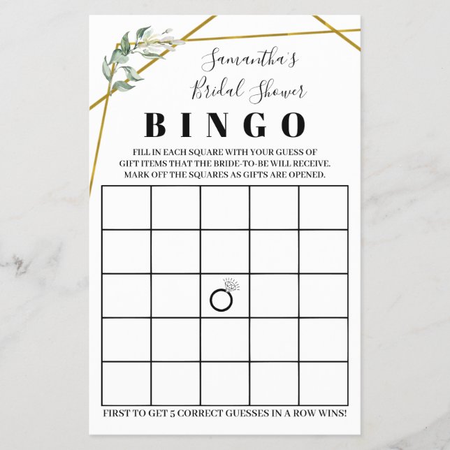 Brautparty Bingo Greenery Gold Game Card Flyer (Vorne)