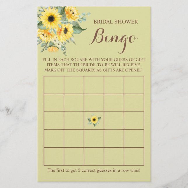 Brautparty Bingo Greenery Sonnenblumenspielkarte F Flyer (Vorne)