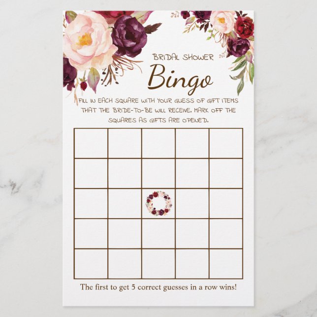 Brautparty Bingo Marsala Blume Spielkarte Flyer (Vorne)