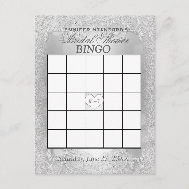 Brautparty Bingo | Silver Elegance Einladungspostkarte (Vorderseite)