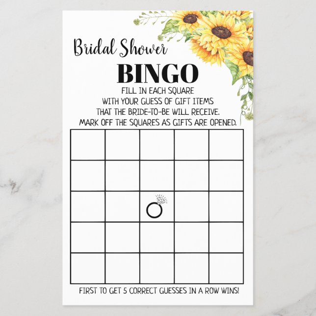 Brautparty Bingo Sunflowers Spielkarte Flyer (Vorne)