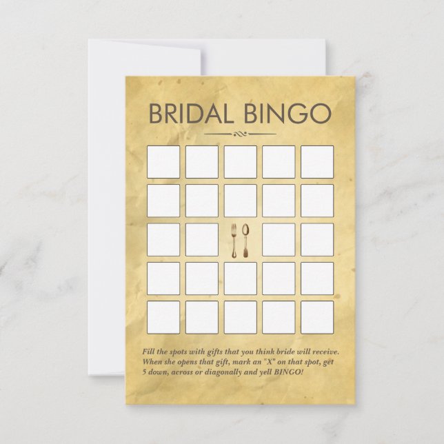 Brautparty-Bingokarte für Vintage Speisekarten (Vorderseite)