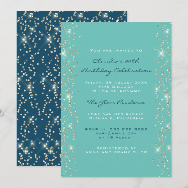 Brautparty Birthday Coral Confetti Blue Einladung (Vorne/Hinten)