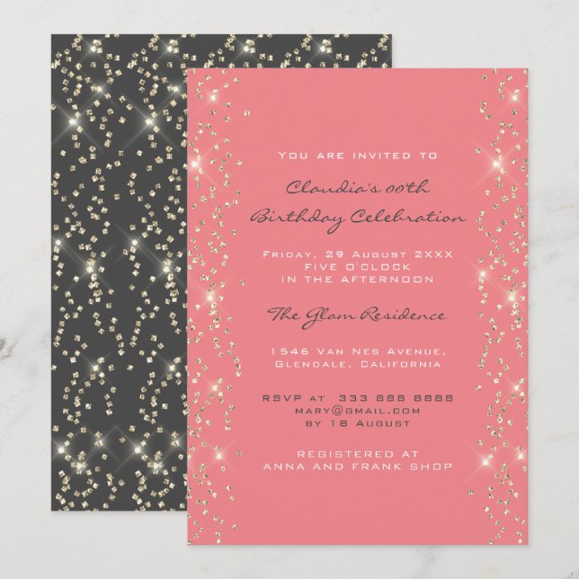 Brautparty Birthday Coral Confetti Pink Grau Einladung (Vorne/Hinten)
