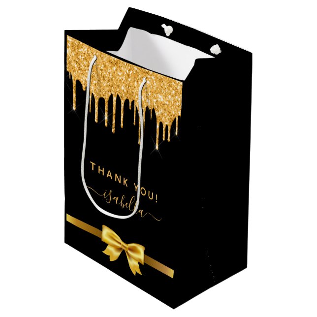 Brautparty Black Gold Glitzer Vielen Dank Mittlere Geschenktüte (Vorderseite Schrägansicht)