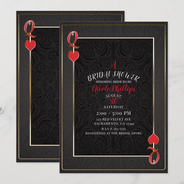 Brautparty "Black & Red Queen of Hearts" Einladung (Vorne/Hinten)