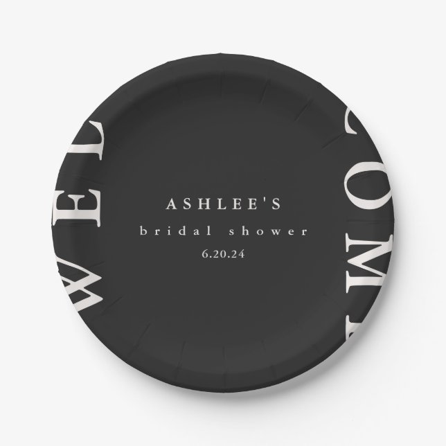 Brautparty Black und Taupe Typografie Willkommen Pappteller (Vorderseite)