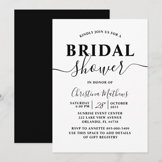 Brautparty Black & White Calligraphy Einladung (Vorne/Hinten)