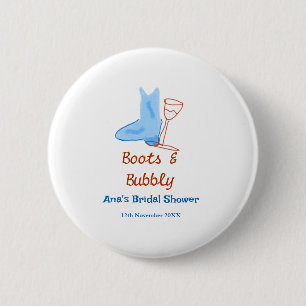 Brautparty Blau mit Stiefeln und prickelnder Champ Button